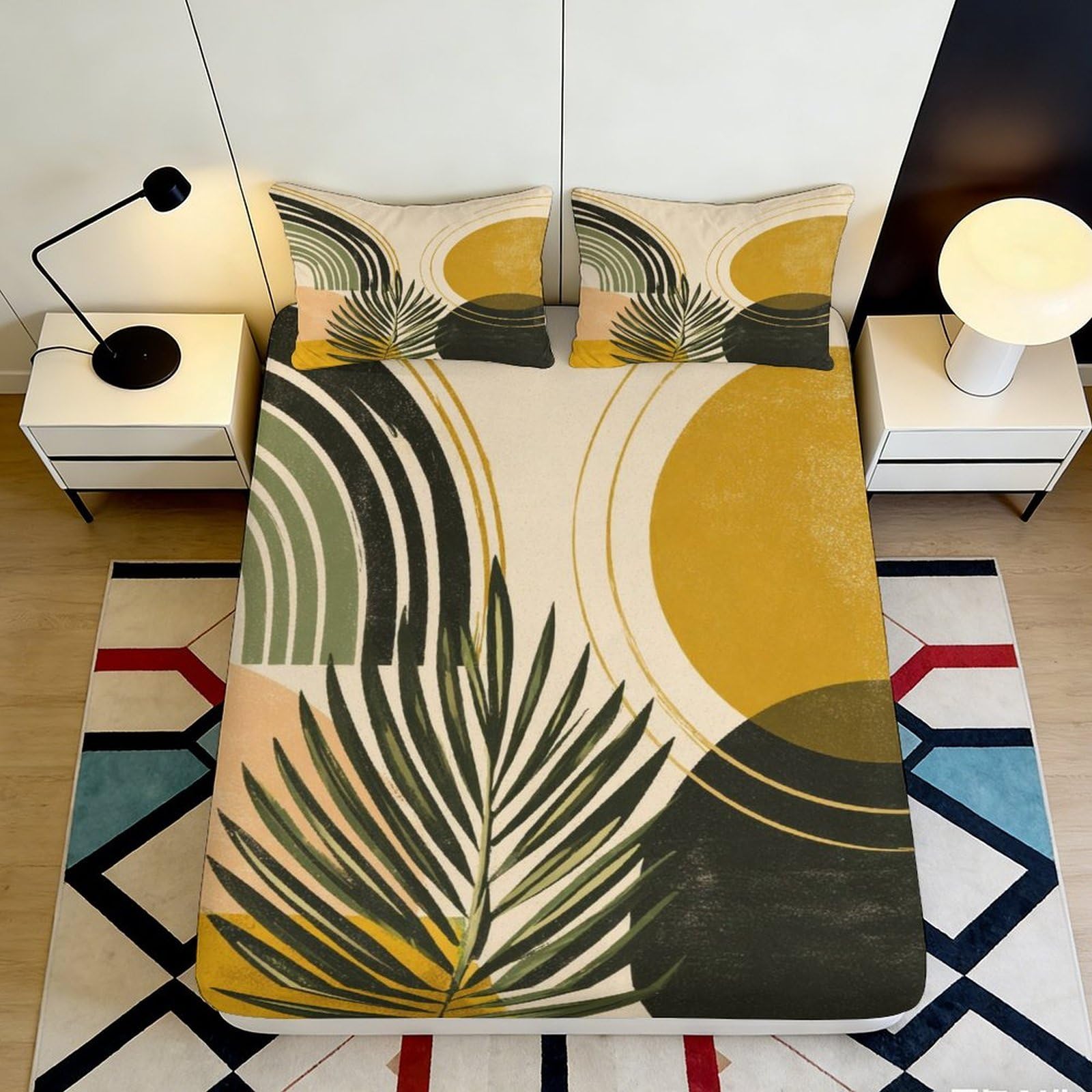 3D Printed Abstract Geometric Fitted Sheet Microfiber Modern Palm Leaf Mattress Cover for Bedroom Dorm Easy Care 180x200x25cm