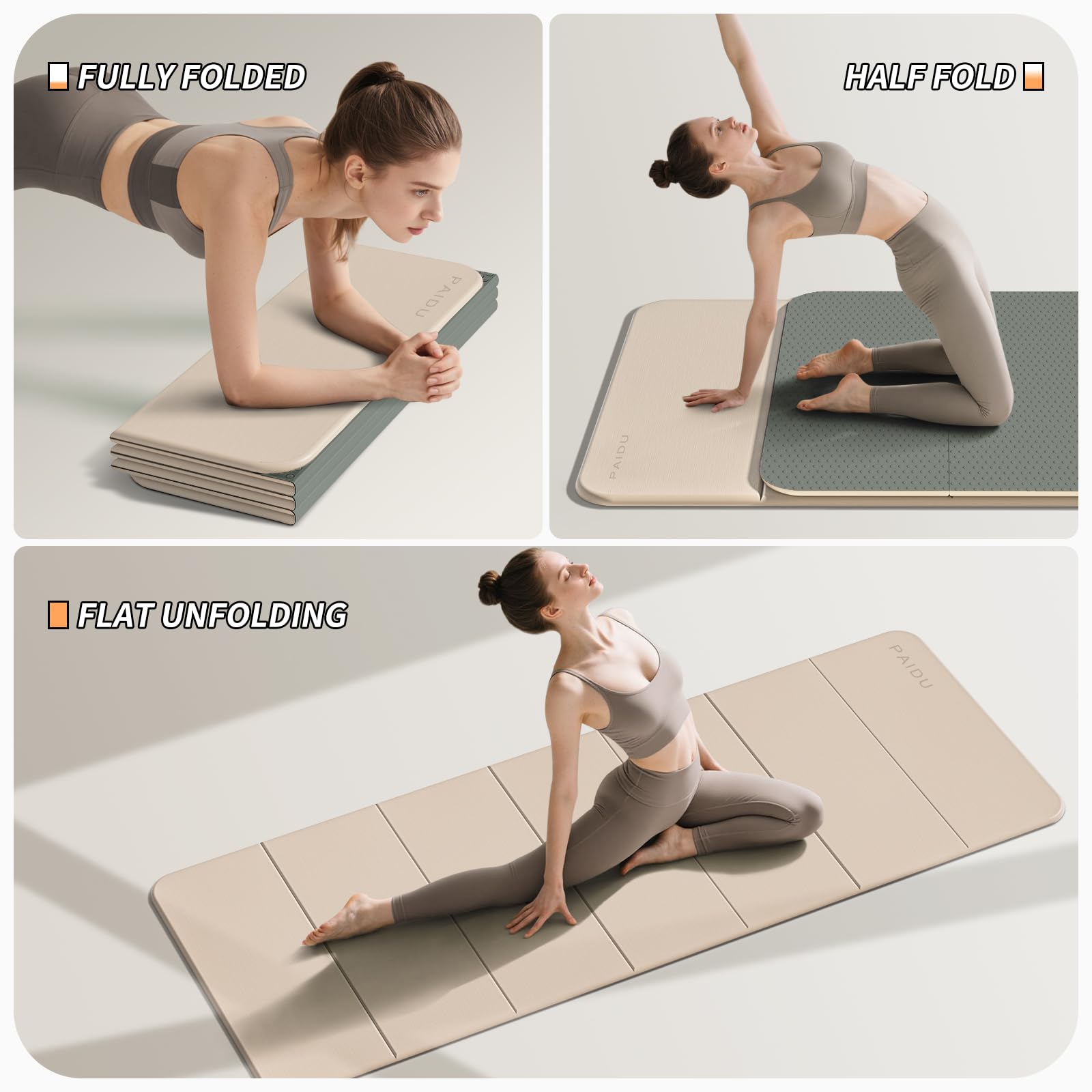 PAIDU Tappetino da yoga pieghevole, extra spesso, 10 mm, certificato SGS, in TPE antiscivolo, extra lungo, 193 x 66 cm, portatile e facile da riporre, per yoga, pilates, palestra a casa e allenamenti