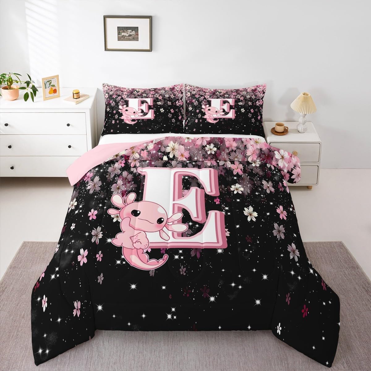 Erosebridal Cute Axolotl Twin Bedding Sets for Kids Girls Teens | Initial Letter E Comforter Set Japanese Cherry Blossom Quilt Duvet Set Girly Cute Coastal Sea Ocean Animal Bedding Collections