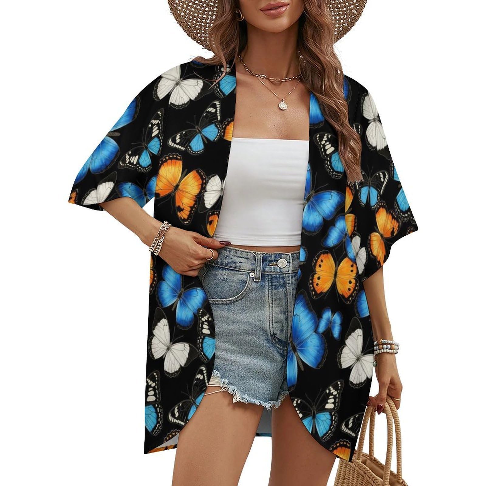 Women's Half Sleeve Kimono Cardigan, Beach Cover Up Loose Cardigans, Casual Blouse Tops