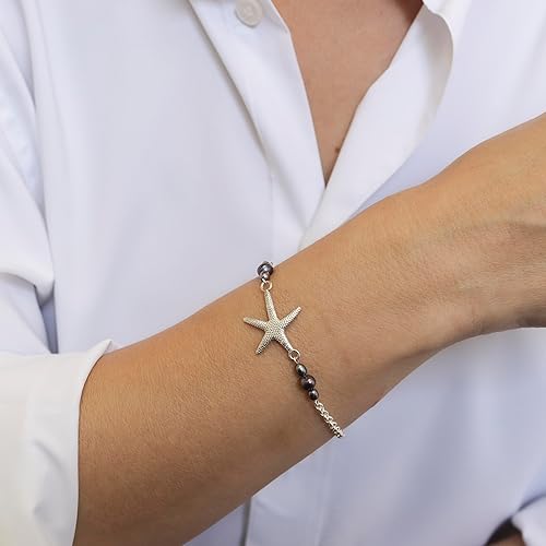 Miniatura 2 de Black Pearl Bracelet for Women with Sea Star in 925 Sterling Silver - June Birthstone,Handmade Birthstone Bracelet for Women, Black Pearl Beads -