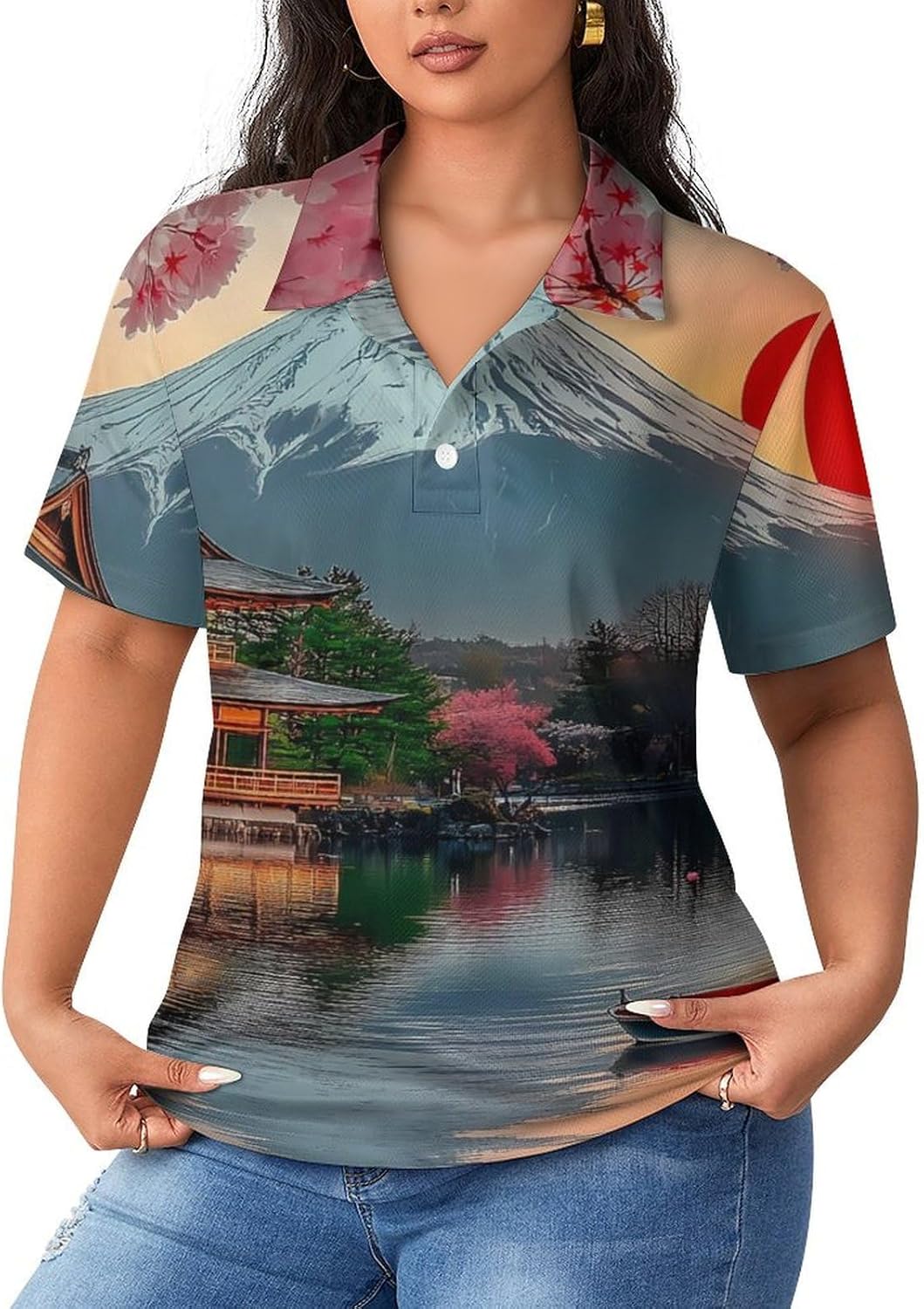 Japanese Fuji Cherry Flowers Womens Golf Polo Shirts Summer Short Sleeve Collared 3 Buttons T Shirt Activewear Tops