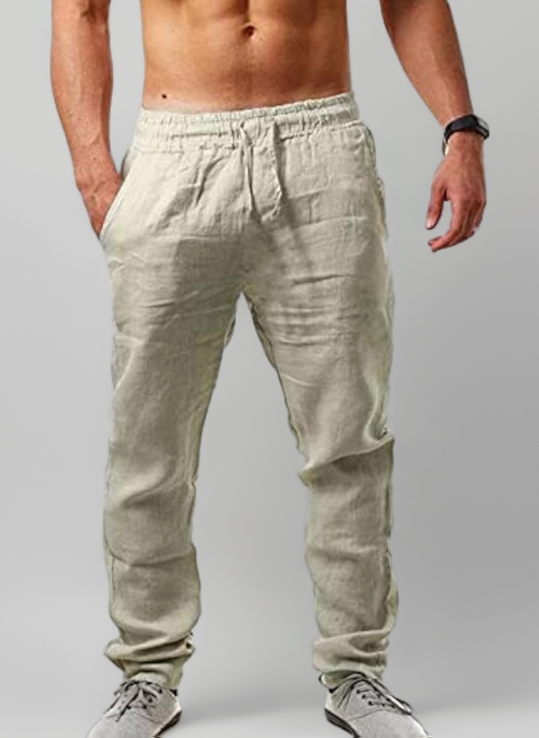 Men's Cotton & Linen Lightweight, Breathable, High Waist Drawstring Trouser Pants - Ankle Length - Solid Color - Casual - Outdoor Activities - M, L, XL, 2XL, 3XL