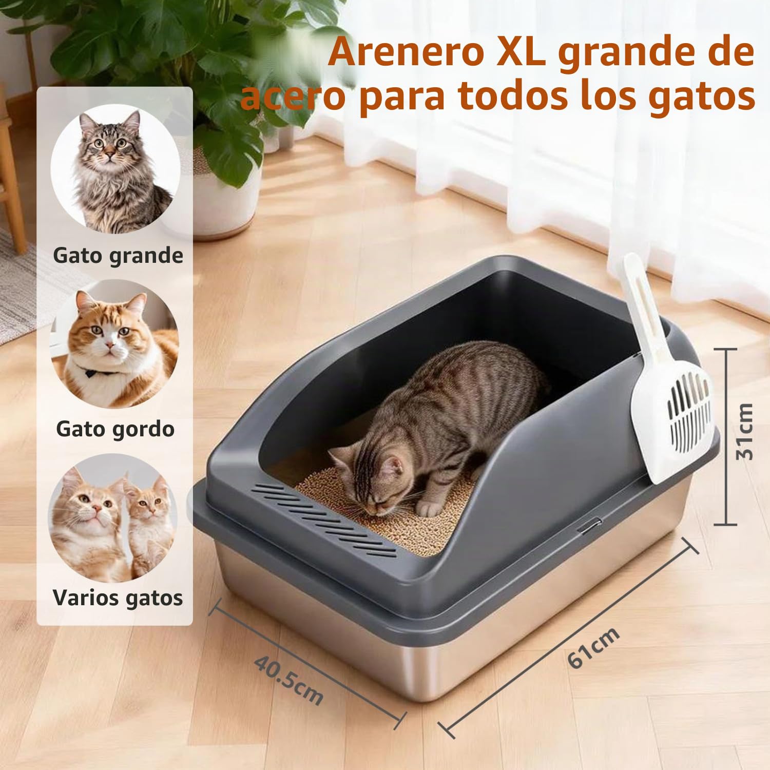 Nobleza 2 x Arenero de Acero Inoxidable para Gatos con Pared Alta， Diseño Anti-Salpicaduras， Kit Completo con Alfombra de Nido de Abeja y Pala， 61 * 40.5 * 31cm， Plata/Gris