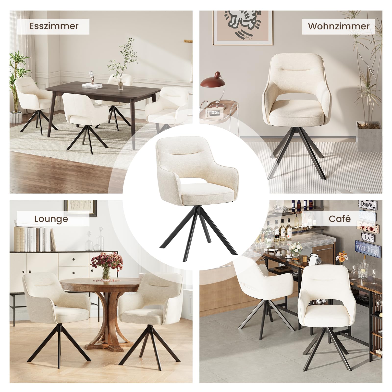 COLAMY Drehbare Esszimmerstühle 4er Set mit Armlehnen, Drehbare Polsterstühle für Küche & Esszimmer aus weichem Florstoff mit Metallgestell und Rückenlehne, für Esszimmer, Küche, Büro,Beige