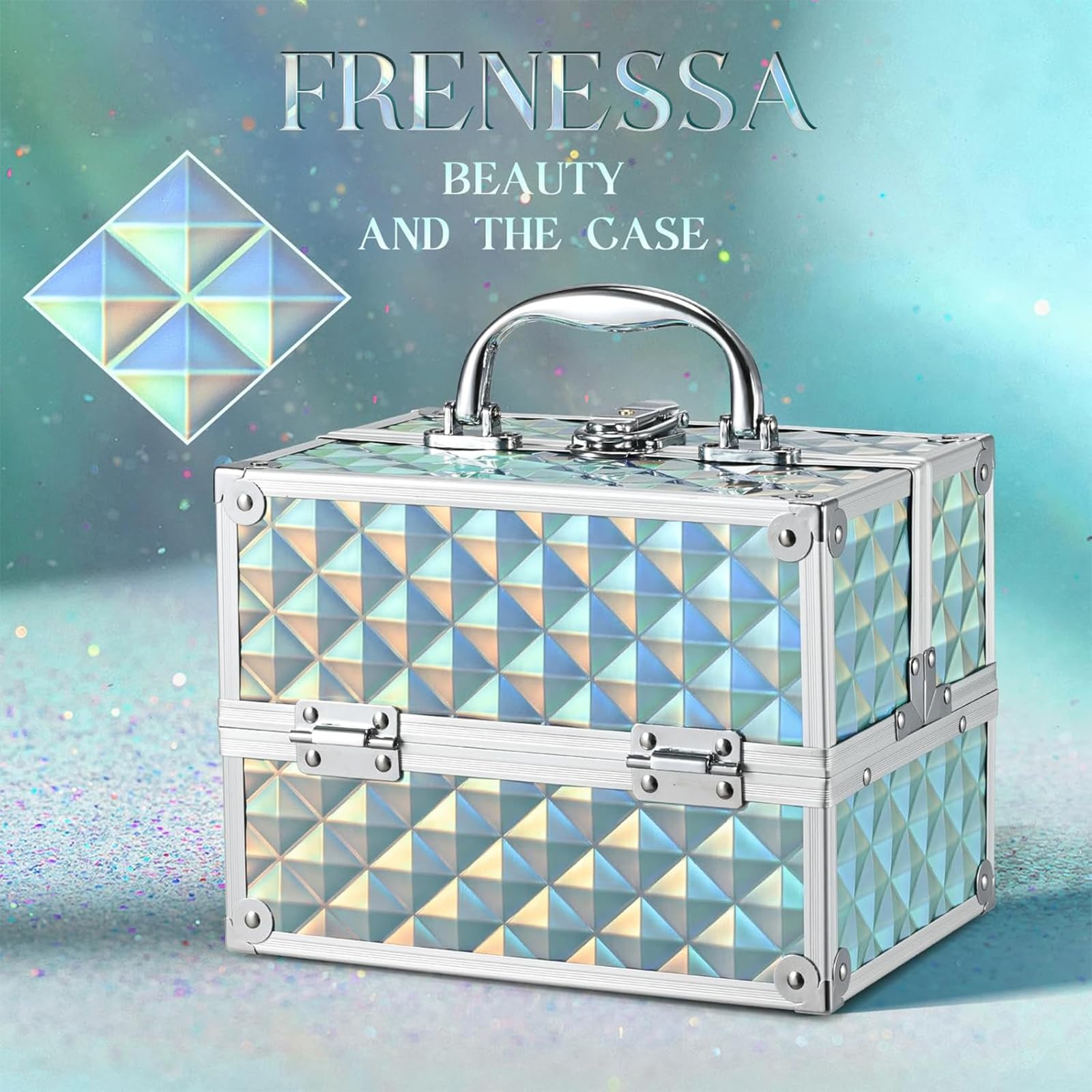 Frenessa Make-up-Koffer mit 4 Ablagen, abschließbar, Kosmetik-Organizer, Aufbewahrungsbox für Kinder, Glänzendes Blau, 22.5x16x17cm, Schminkkoffer für Kinder, Mädchen und Frauen