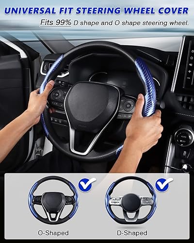 Miniatura 2 de Karltys Funda para volante, 2 unidades, color azul, de fibra de carbono, antideslizante, cálida en invierno, agarre segmentado para volante,