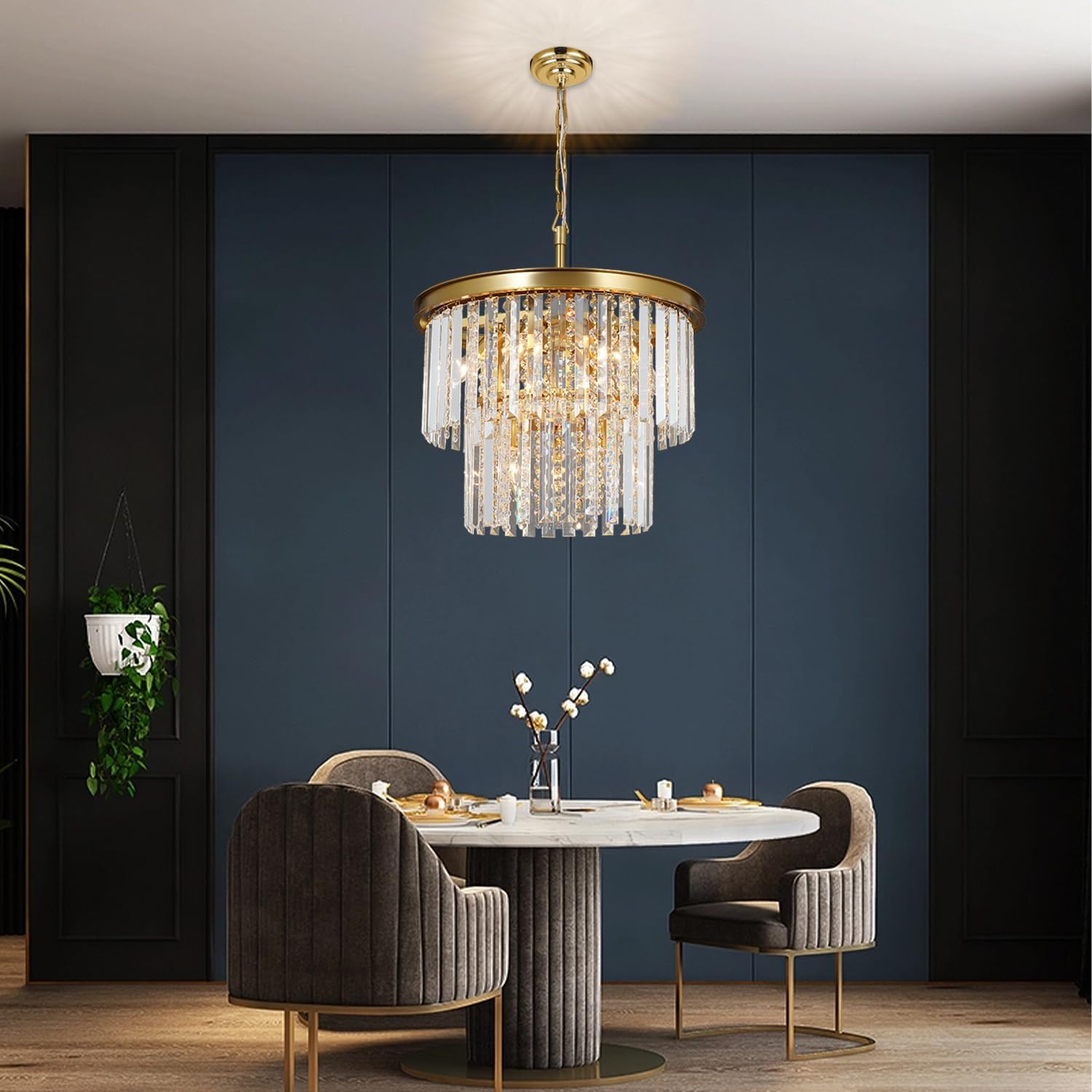 Modern Gold Crystal Chandelier, 9-Light Copper Pendant Ceiling Light Fixture for Dining Room, Kitchen Island, Bedroom