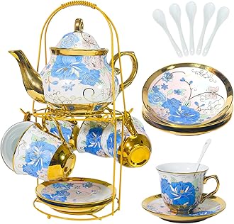 CHANJOON Gold Plated Red Rose Ceramic Tea Set, Vintage Tea Sets with Teapot, Beautiful Tea Set Coffee Serving 6 People (Blue Rose, large)