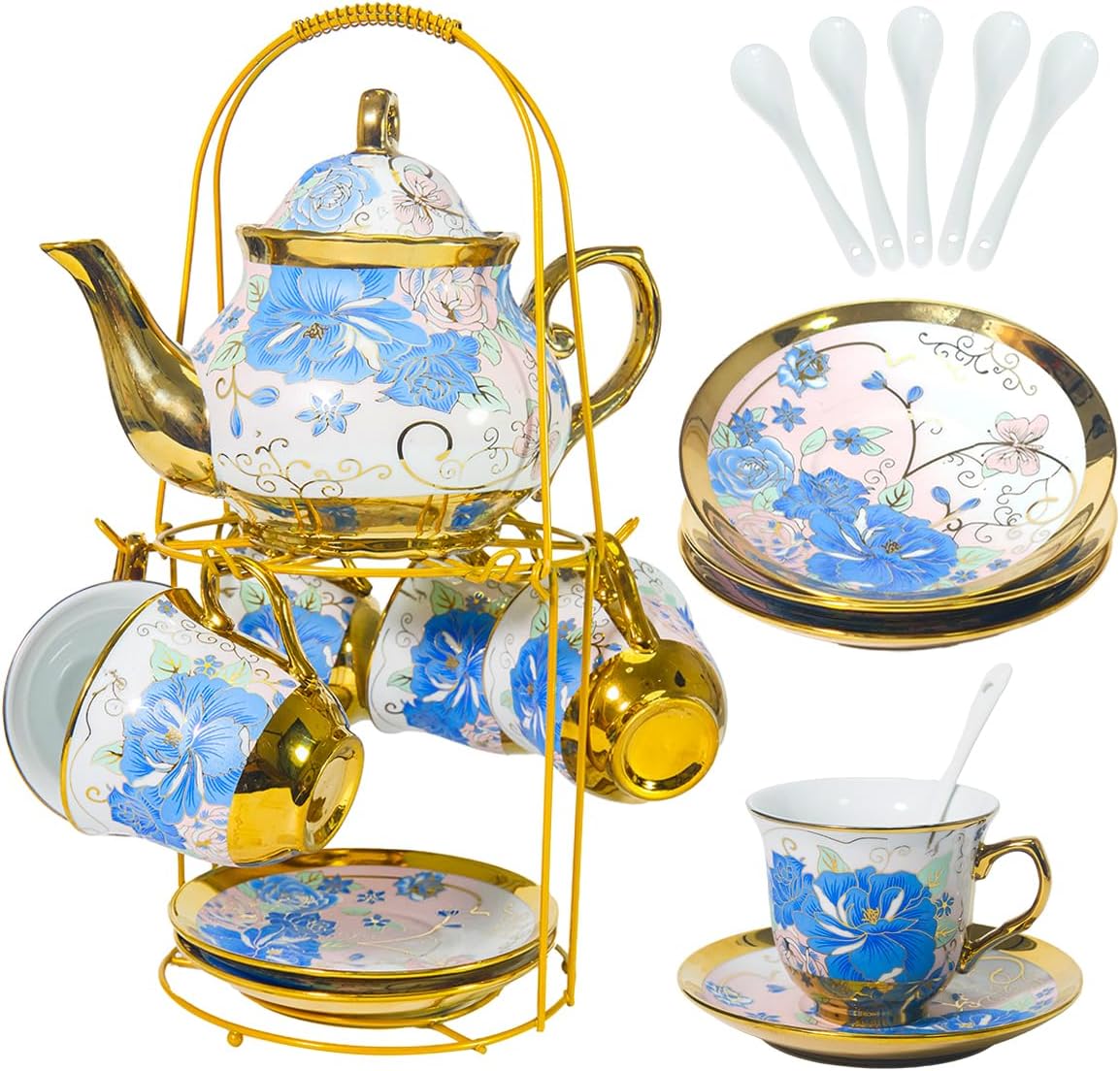 CHANJOON Gold Plated Red Rose Ceramic Tea Set, Vintage Tea Sets with Teapot, Beautiful Tea Set Coffee Serving 6 People (Blue Rose, large)