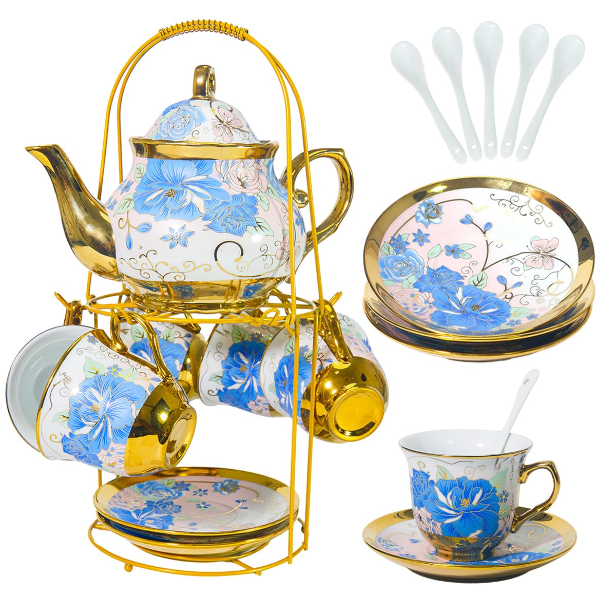 CHANJOON Gold Plated Red Rose Ceramic Tea Set, Vintage Tea Sets with Teapot, Beautiful Tea Set Coffee Serving 6 People (Blue Rose, large)