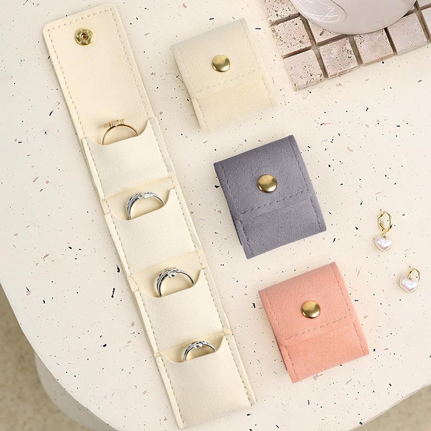 3Pcs Mini Travel Jewelry Bag, Mini Travel Jewelry Roll Bag with Buckle, Portable Foldable Travel Jewelry Organizer Case for Journey Rings, Necklaces, Earrings