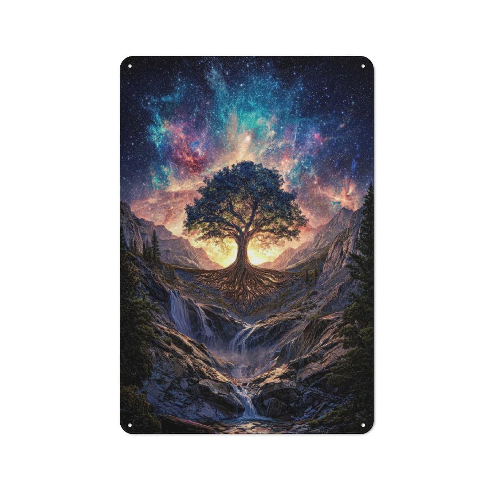 Junmoney Style-12 Vintage Cosmic Tree Of Life Waterfall Landscape Vintage Metal Sign 30X20cm, Restaurant Wall Art For Takeaway, Bar, Kitchen Or Counter Area