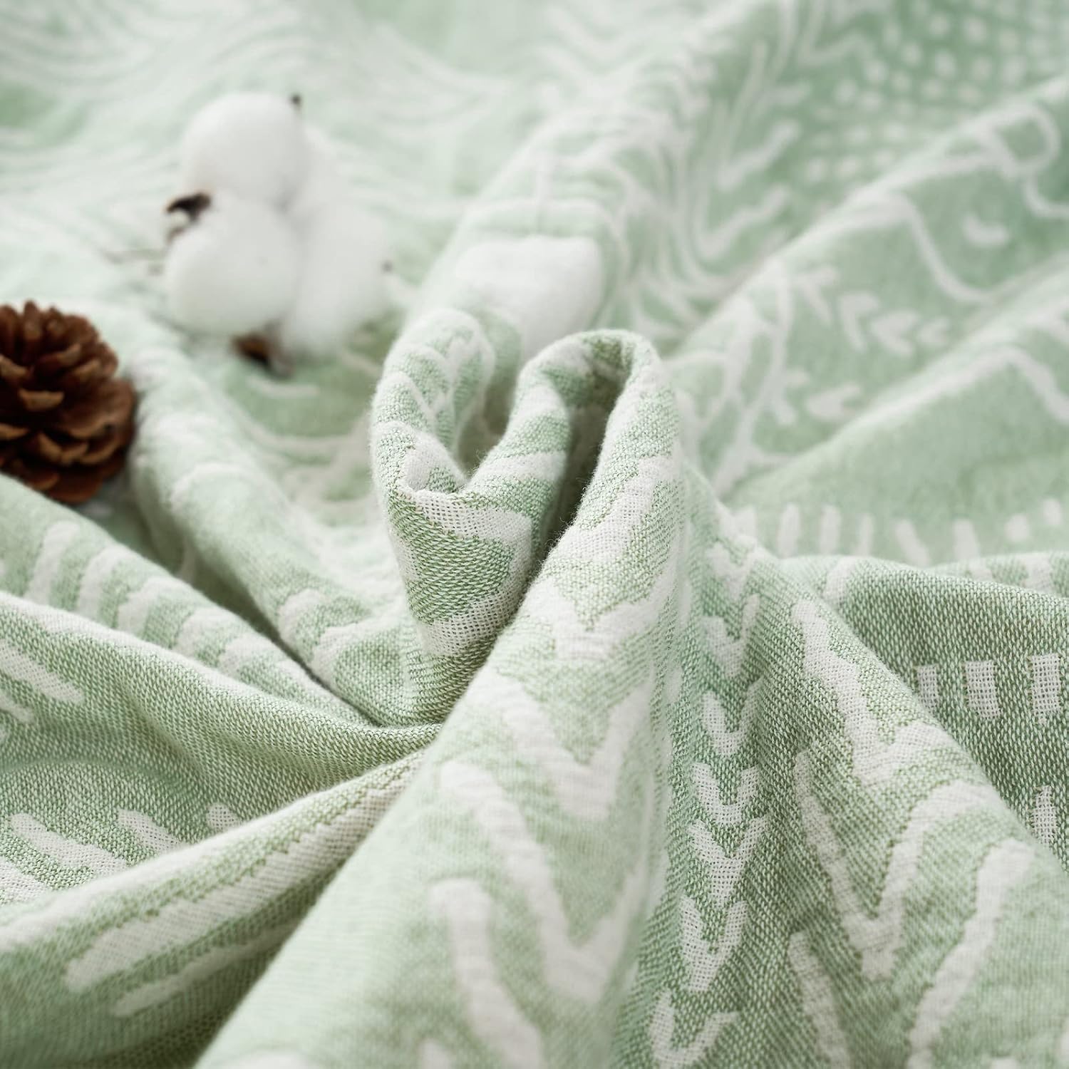 jinchan Boho 100% Cotton Blanket Muslin Lightweight Twin Size Throw Blanket Reversible for Couch Soft Cozy All Season 3-Layer Throw Coverlet Blanket for Bedroom Living Room Decor Green 60x80 Inches - Image 4
