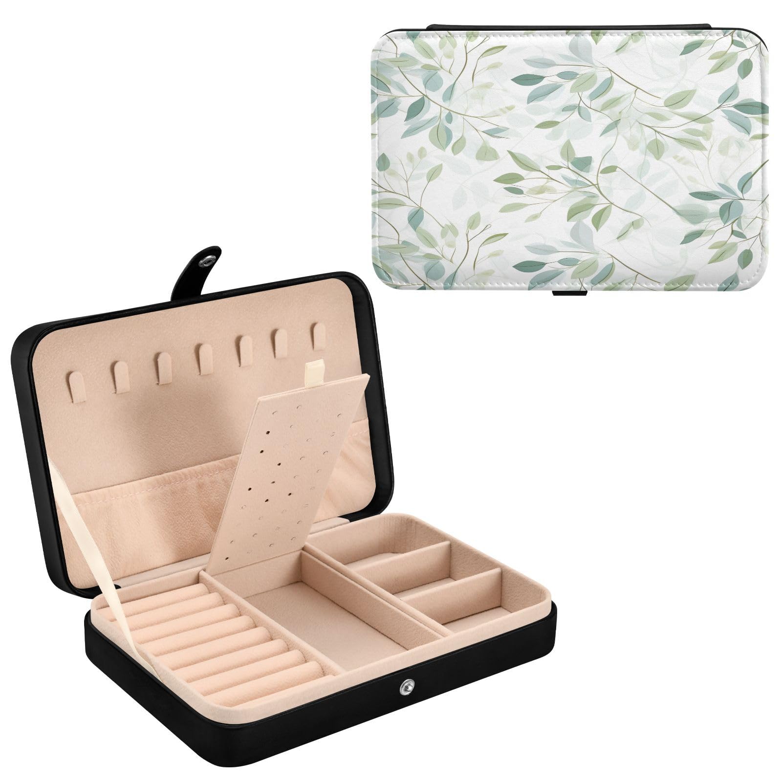 Haskirky Green Leaves Jewelry Box Portable PU Leather Travel Jewelry Organize for Women Jewelry Storage Display Holder for Ring, Necklace, Earring