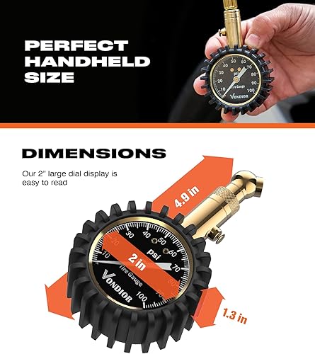Miniatura 4 de Vondior Medidor de presión de neumáticos (0-100 PSI) resistente, certificado ANSI preciso con dial grande de 2 pulgadas de brillo fácil de leer