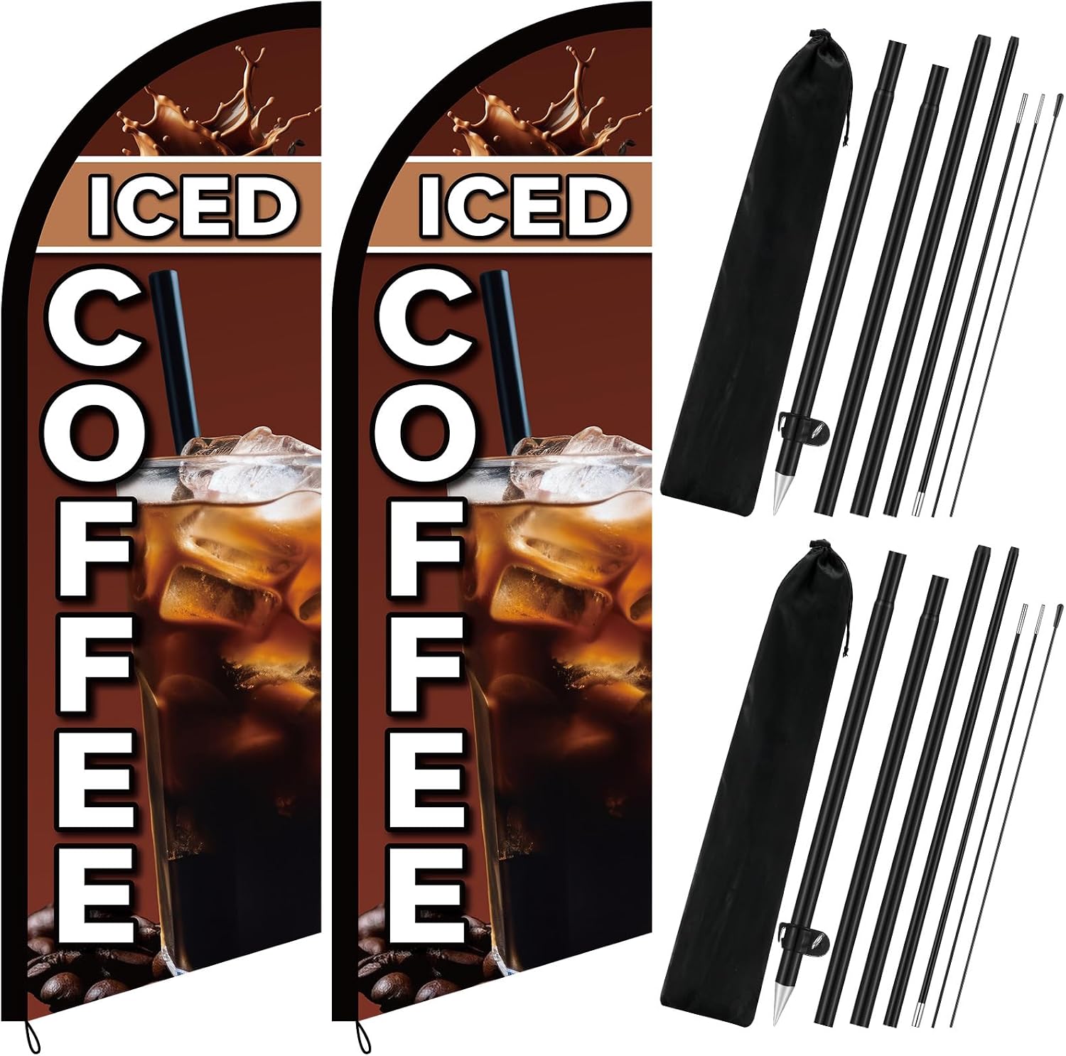 Gilprop 2 Set Iced Coffee Feather Flags 8.2ft Swooper Advertising Flags, Waterproof UV Resistant Business Signs with Complete Flagpole Kit and Storage Bags for Coffee Shops Food Trucks Events