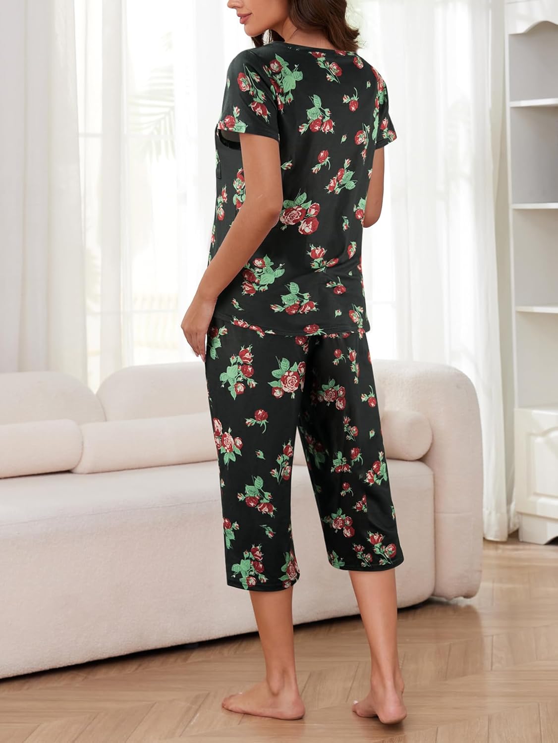 HONG HUI 2 Pack Womens Pajamas Set Short Sleeve Sleepwear Tops and Capri Pants Pjs Summer Loungewear Pj Sets S-3XL - Image 3