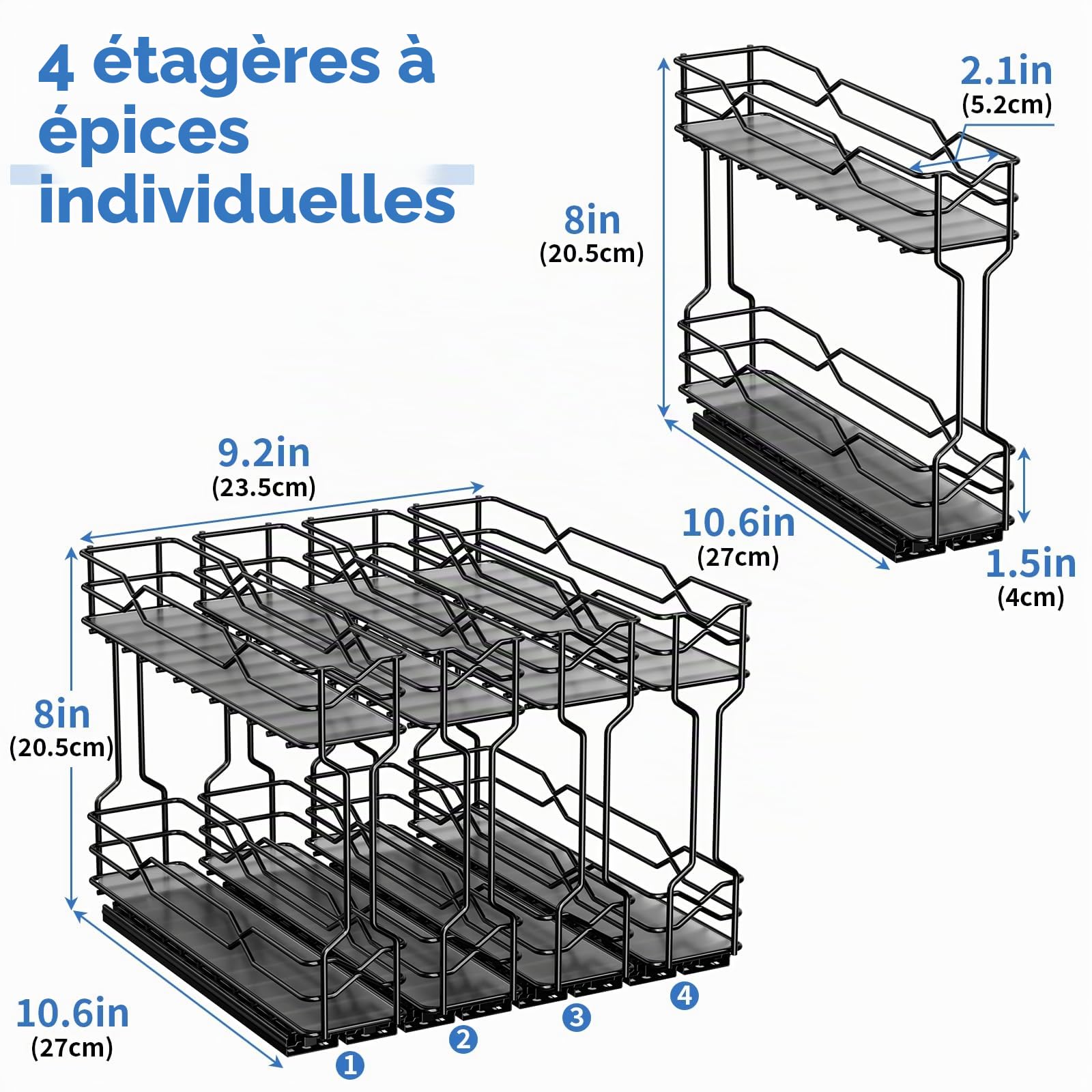 Étagère Coulissante à 2 Niveaux pour Épices, Lot de 4