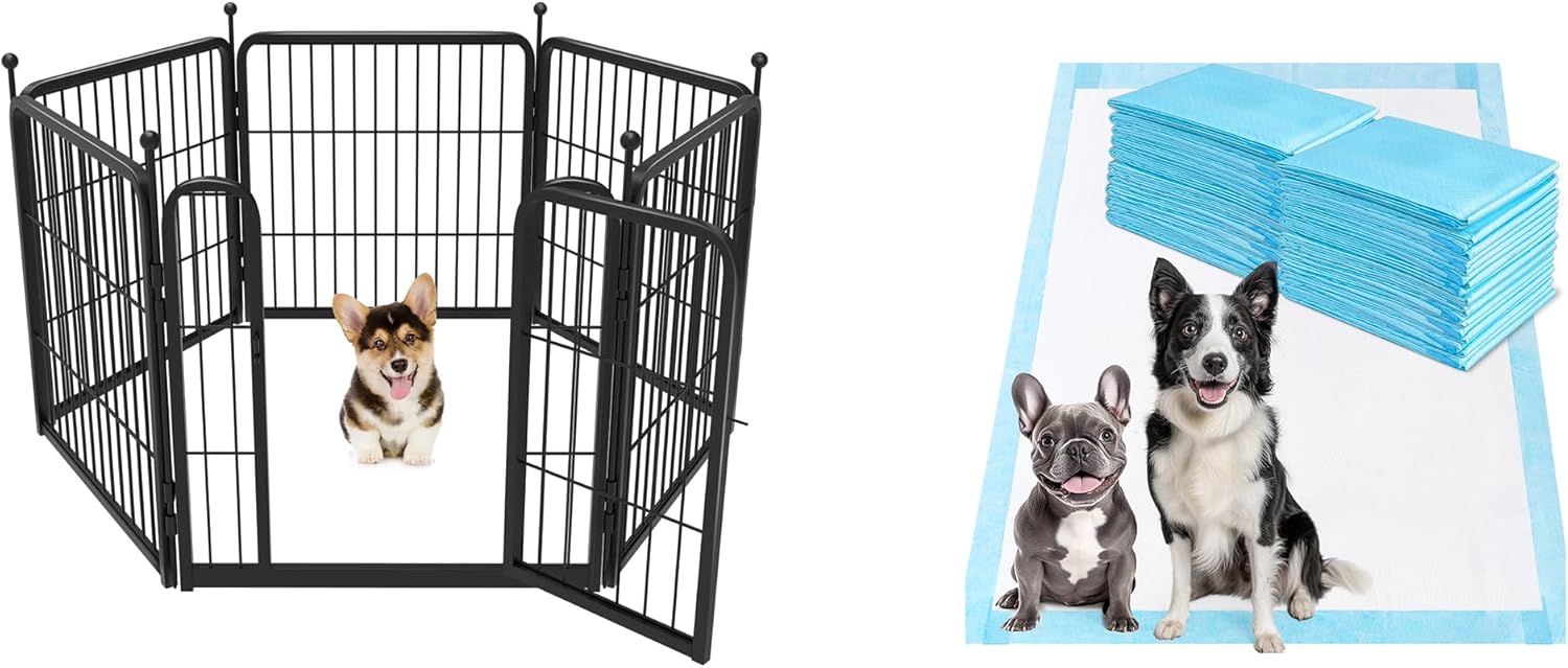 FXW 24 inch 6 Panels Rollick Dog Playpen & FXW 51x29inch 20Pack XXL Puppy Pee Pads