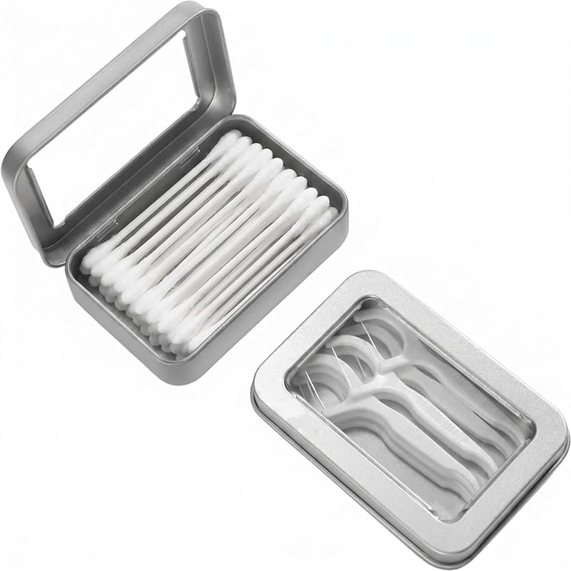 LIGHUFEIC Suporte Portátil para Hastes de Algodão e Fio Dental em Metal Prateado, Pacote com 2