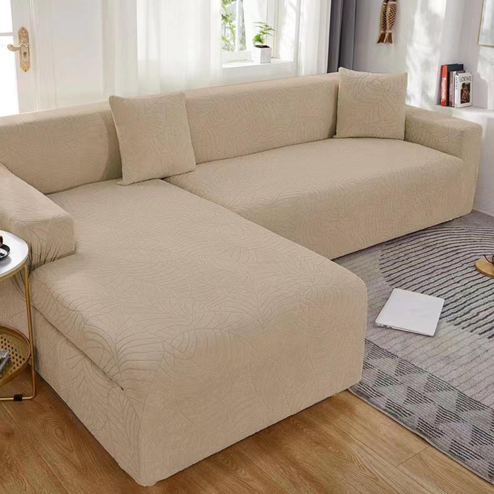 Copridivano Impermeabile,Copri Divano Angolare Elasticizzato con Penisola A Sinistra/Destra,Copertura Divano a L Antigraffio,Jacquard Chaise Longue Fodera per Divano (Khaki, ChaiseLongue+4seats)