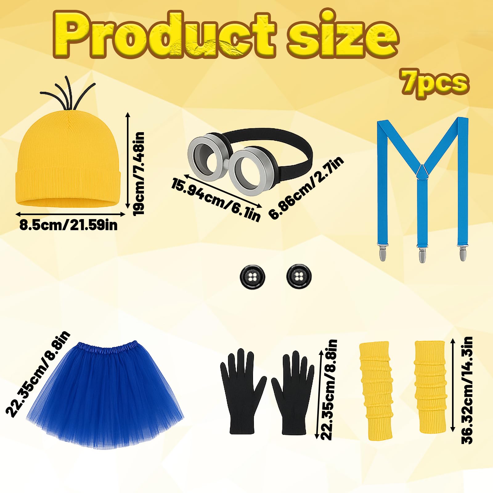 PXDUCN Fancy Dress, Halloween Decorations, 7 Pcs Yellow Costumes Includes Hat Glasses Gloves Skirt Legs Suspenders Buttons - Image 2