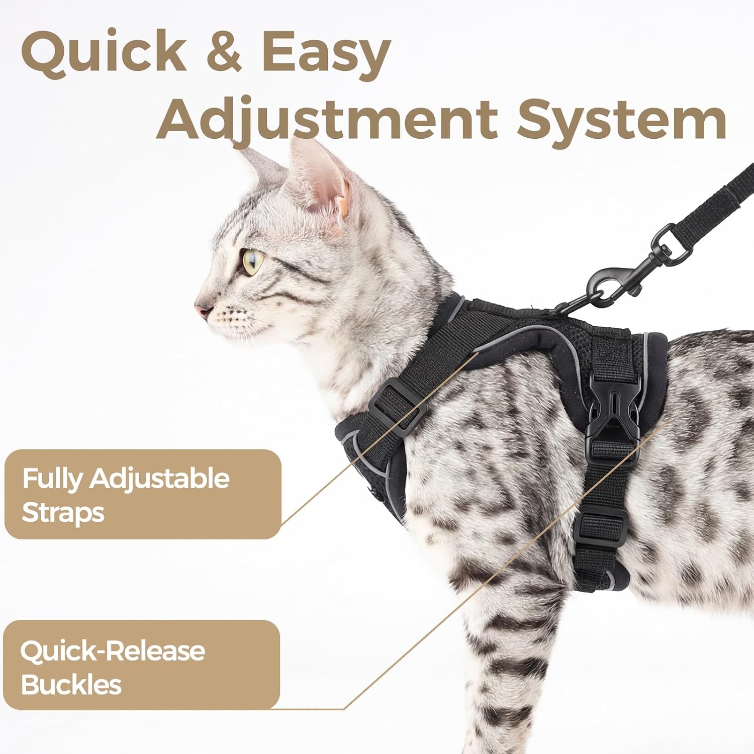 Cat Harness and Leash Set Escape Proof Tactical Extra Large Kitten Harness Emotional Support Cat Vest, Black, XXL