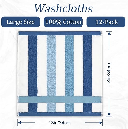 12 Pack Cotton Washcloths | Large 13x13" Bath Rags for Men & Women(Blue & Brown & Gray)
