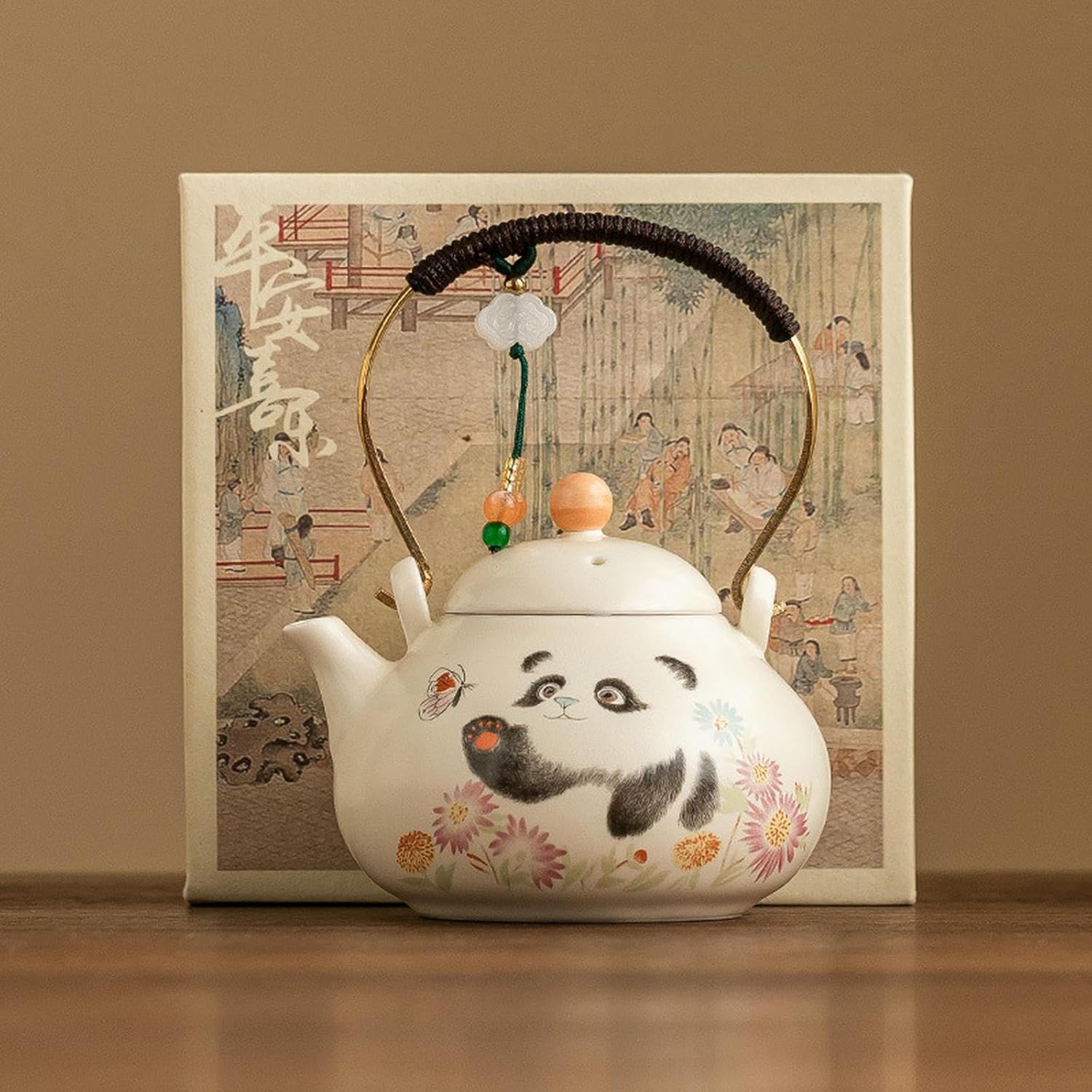 132Ml/4.5oz beige glazed tied rope teapot, large capacity household ceramic kung fu tea set - teapot [ box]