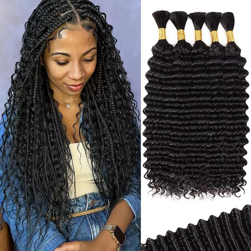 12A Human Braiding Hair for Boho Braids 5 Bundles 14 Inch 160g Deep Wave Braiding Hair for Bohemian Knotless Braids 100% Unprocessed Brazilian Virgin Bulk Hair Extensions No Weft Natural Color