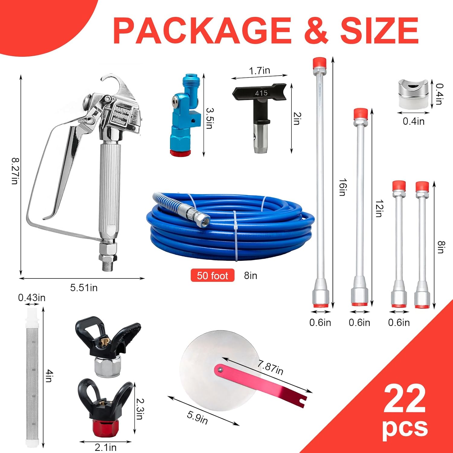 Airless Paint Sprayer Gun Kit, 3600PSI Airless Spray Gun with 50Ft High Pressure Hose & 6Pcs Reversible Spray Tips & 4Pcs Extension Rod & 6Pcs Filters & Guide Tool & Nozzle Seat