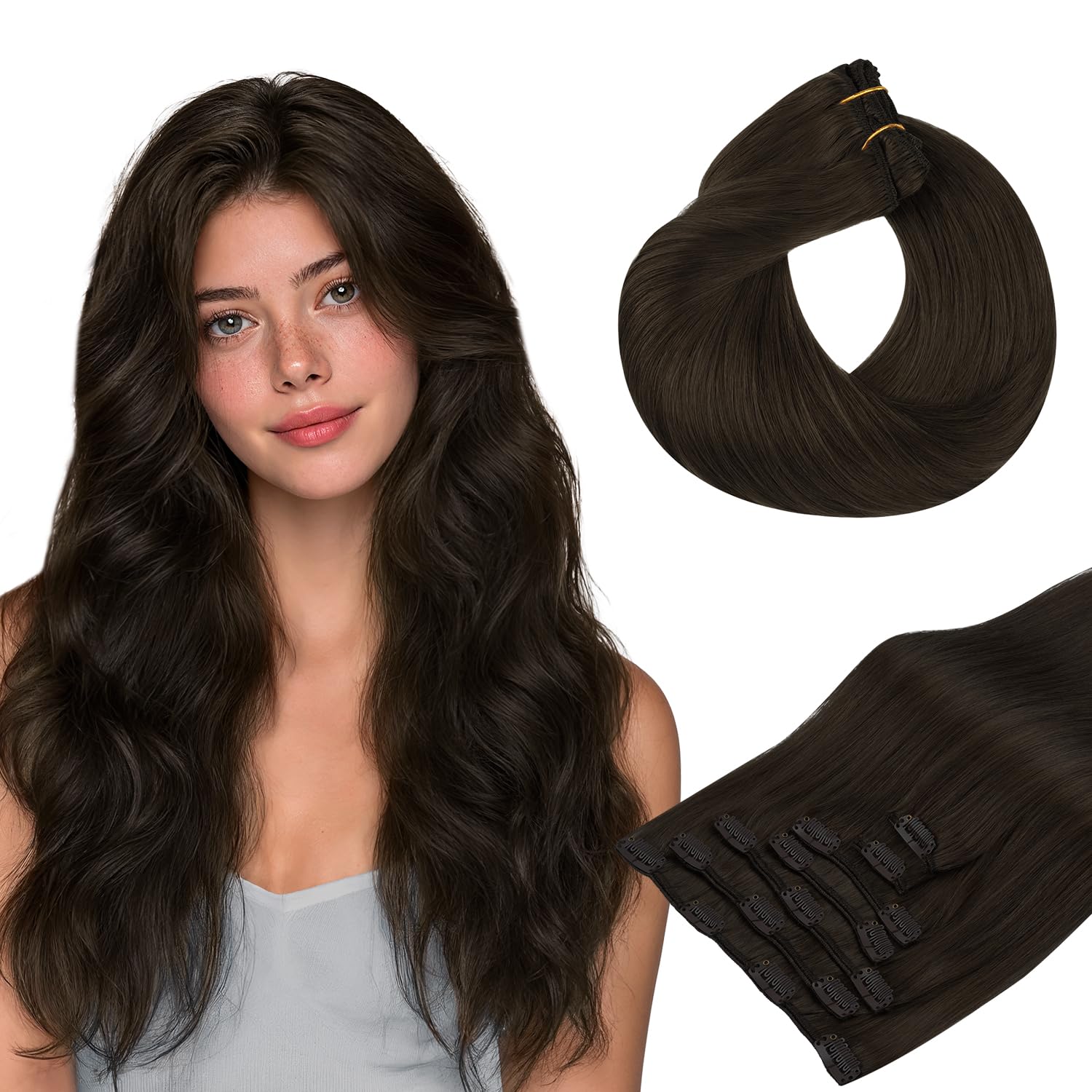 hotbanana Clip In Extensions Echthaar, Mokka Braun Unsichtbar Clip In Echthaar Extensions Günstig Haarverlängerung Glatt Nahtlos Remy Hair Extensions 60cm 120g 7 Stück