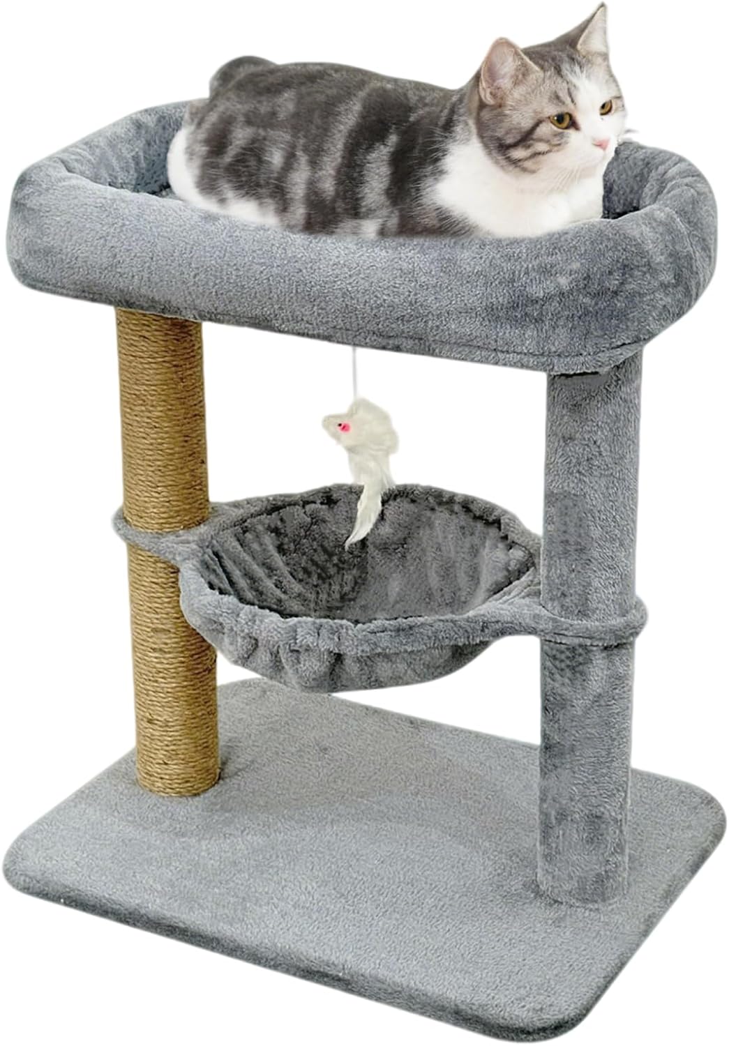 Pawly Small Cat Tree with Hammock & Sisal Scratching Post, Cozy Cat Tower for Indoor Cats up to 25lbs, Plush Top Perch & Interactive Toy, 21 x 16 x 24 Inches, Grey
