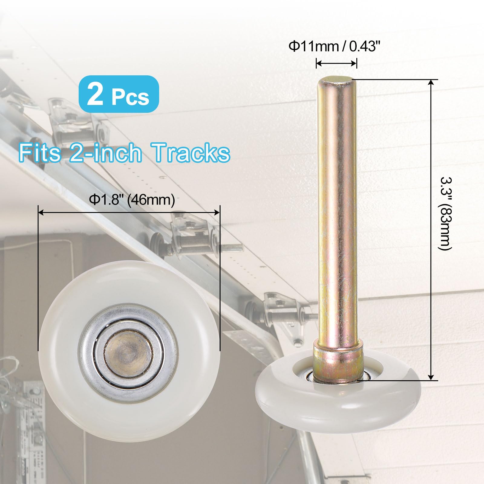 QUARKZMAN 2pcs 1.8" Roulettes de porte de garage en nylon pour rail de garage de 2", tige de 3.3" Roulettes de porte garage silencieuses, roulement de précision 6200zz à 11 billes,blanc