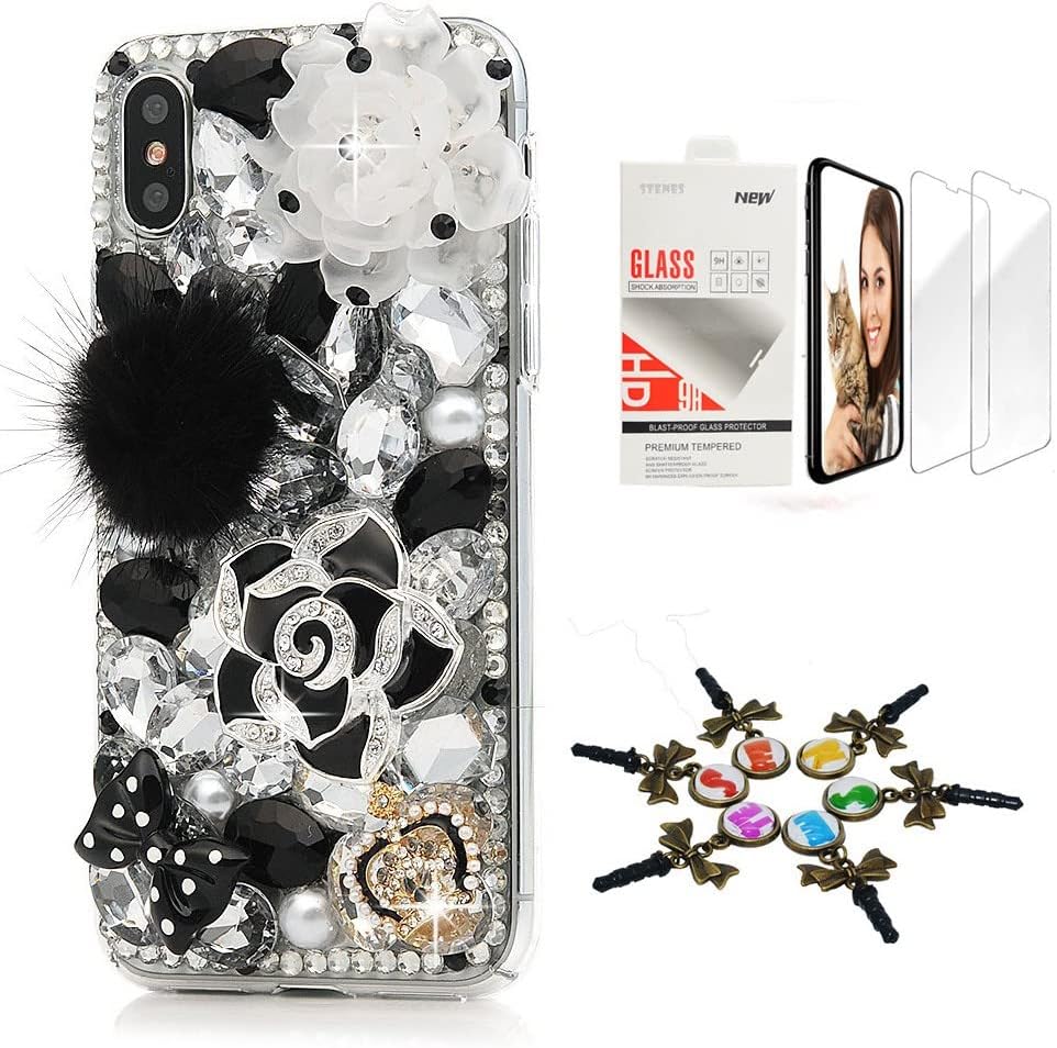 STENES Sparkle Case Compatible with iPhone 13 Pro Max - Stylish - 3D Handmade Bling Butterfly Rose Flowers Crystal Rhinestone Glitter Design Cover Case with Screen Protector [2 Pack] - Green
