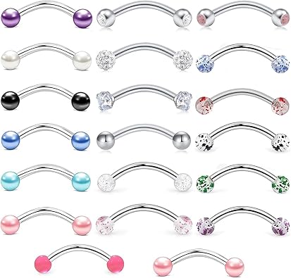 20Pcs Vertical Labret Lip Bars - Curved Barbell Piercing Kit | Eyebrow/lip piercing jewelry polished curved barbells. Screw-on studs for cartilage, rook, tragus. Versatile kit.