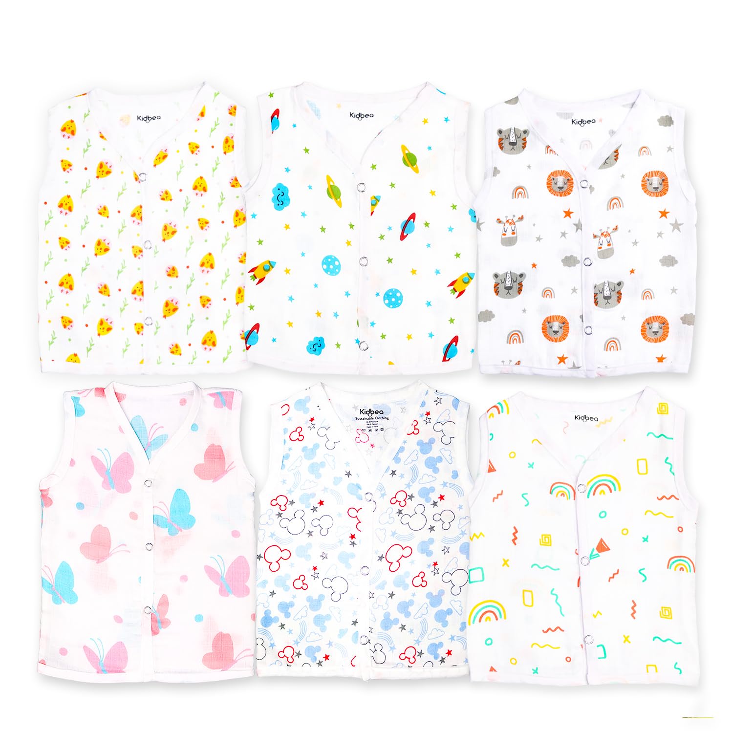 Kidbea 100% Organic Cotton Extra Soft Muslin Jhabla with Button for Baby Boys Cute Chick, Space, Tiger, Star, Butterfly and Rainbow Boys Print Pack of 6 with Multicolor & Size 3 Months to 6 Months