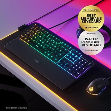 SteelSeries Apex 3 RGB Gaming Keyboard 10-Zone RGB Illumination IP32 Water Resistant Premium Magnetic Wrist Rest (Whisper Quiet Gaming Switch)