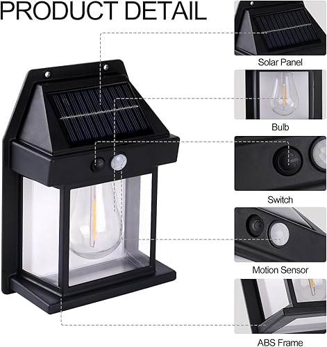 Miniatura 6 de Kunhe Paquete de 4 luces de pared de movimiento con sensor solar para exteriores, lámparas de tungsteno, faroles de patio y porche exterior