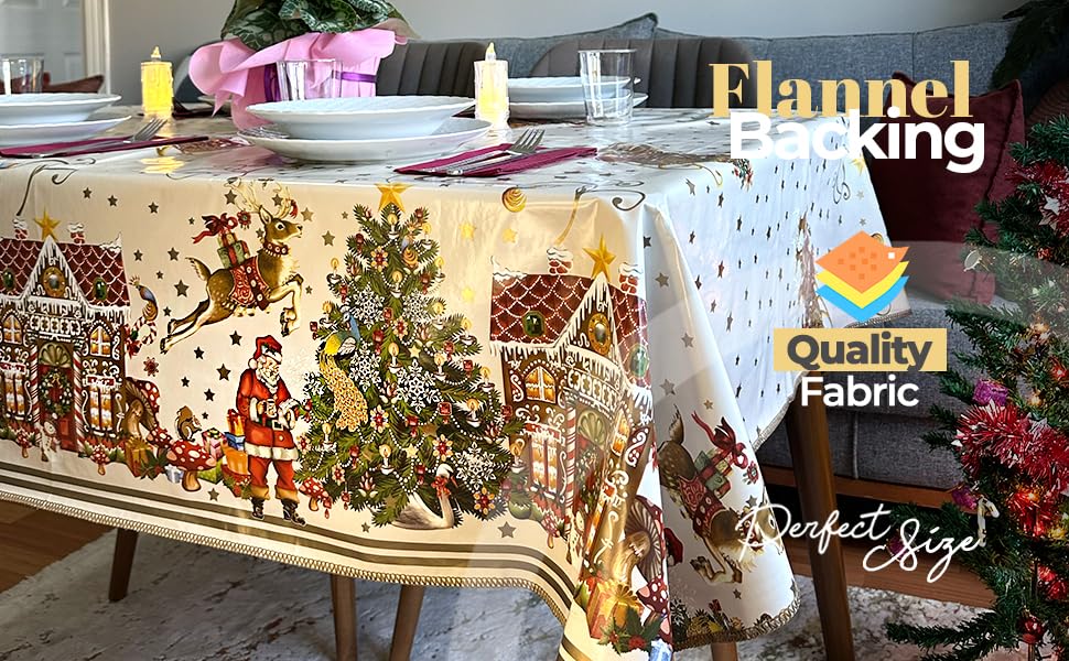 Decoser Heavy Duty Flannel Backed Vinyl Tablecloth with Flannel Backing Easy to Wipe-Clean Oilcloth Waterproof Plastic Rectangle 55x90 inch Table Cover for Christmas