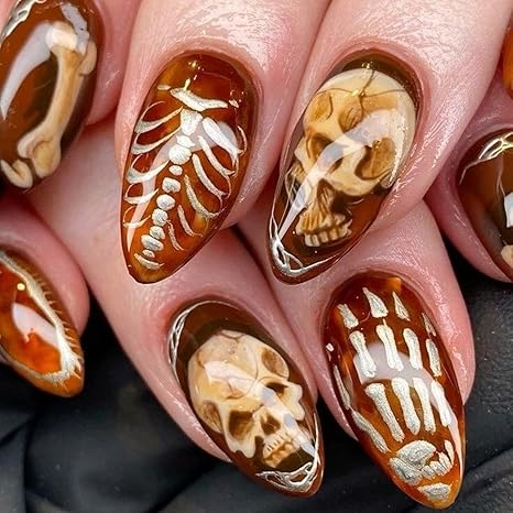 Halloween Press on Nails Short Almond Fake Nails Brown with White Bone Skull designs Horror Stick on Nails Full Cover Glossy Reusable Acrylic Nails Artificial Nails Gel Glue on Nails for Women 24pcs聽