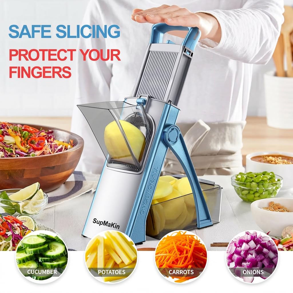 SupMaKin Mandoline de Cuisine Safety Slicer Manuelle Multifonction Tous Coupe Légumes Lame en acier inoxydable, Julienne, Cubes, Fcoupe Patate Frite carotte, Euroshopping -bleu ciel