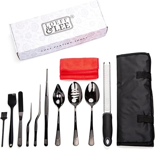 Juego de 7 piezas de herramientas de chapado en negro (utensilios de chef profesionales) Kit de chef con 3 cucharas de chapado, 3 pinzas de chapado
