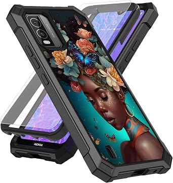 for Nokia C210 5G Case with Screen Protector Tempered Glass,Shockproof TPU Rugged Corners Bumper Phone Case for Nokia C210 6.3" 2023 - Butterflies African Black Girl