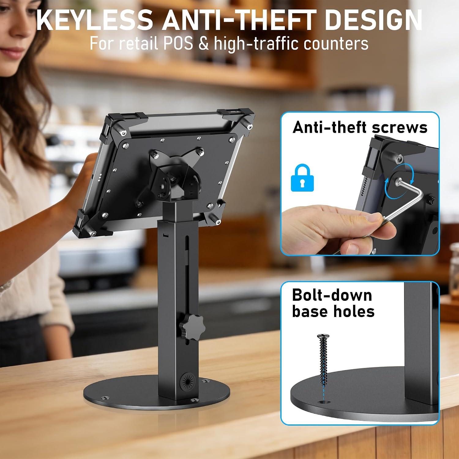 Secure Tablet Kiosk Stand for 10"-14" iPad Pro Air and Samsung, Heavy-Duty Steel Anti-Theft Countertop POS Mount Holder for Business Retail, Height Adjustable, 360° Rotation, Black