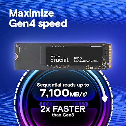 Crucial P310 SSD 4To PCIe Gen4 NVMe M.2 2280, jusqu’à 7.100 Mo/s, Compatible avec Ordinateur Portable et de Bureau et Consoles de jeux Portables, Disque Dur Interne - CT4000P310SSD801 - 2