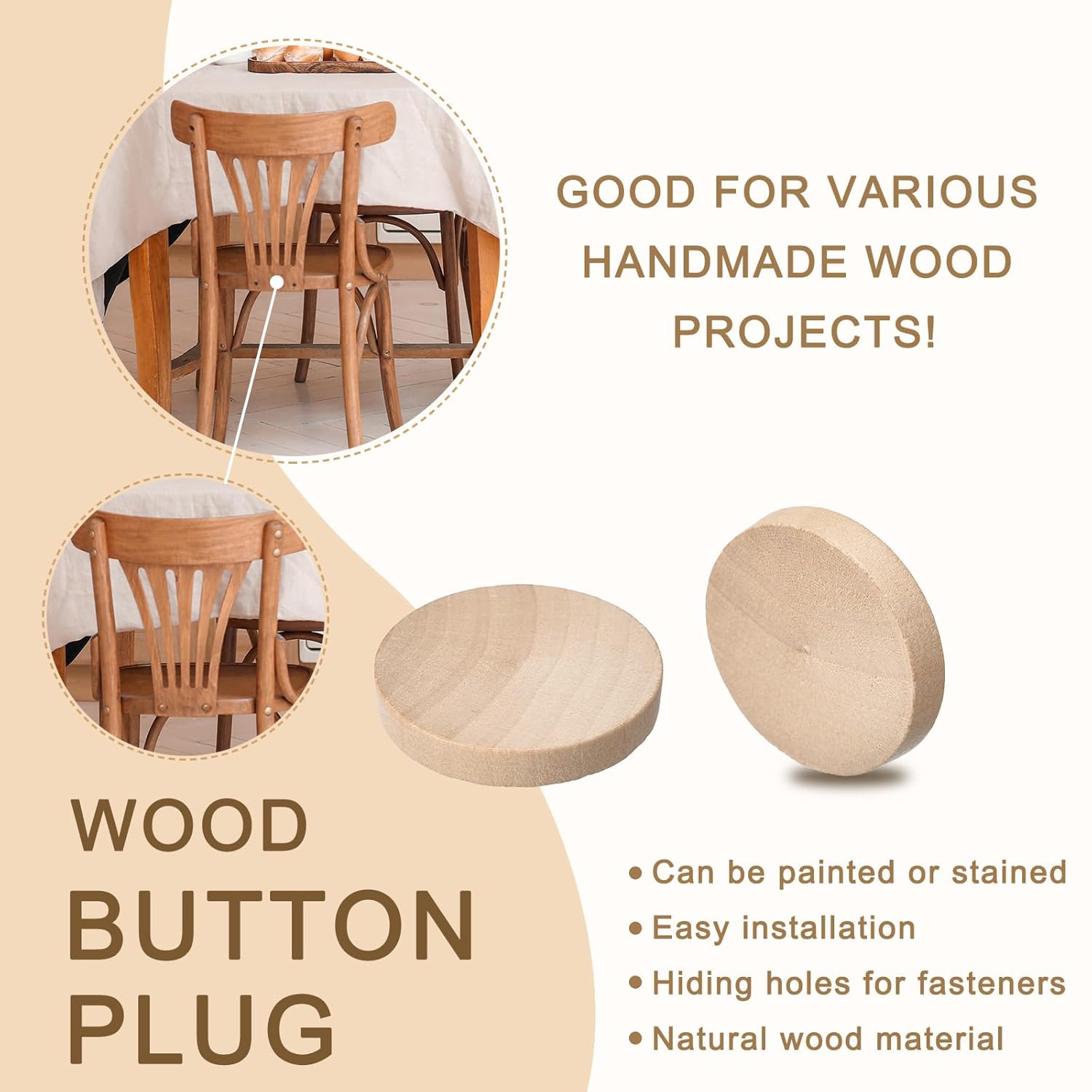 uxcell 100Pcs Flat Head Wood Plugs, 1-3/8 Inch Wooden Button Screw Plug Wood Plugs Screw Hole Covers for Furniture Tables Chairs