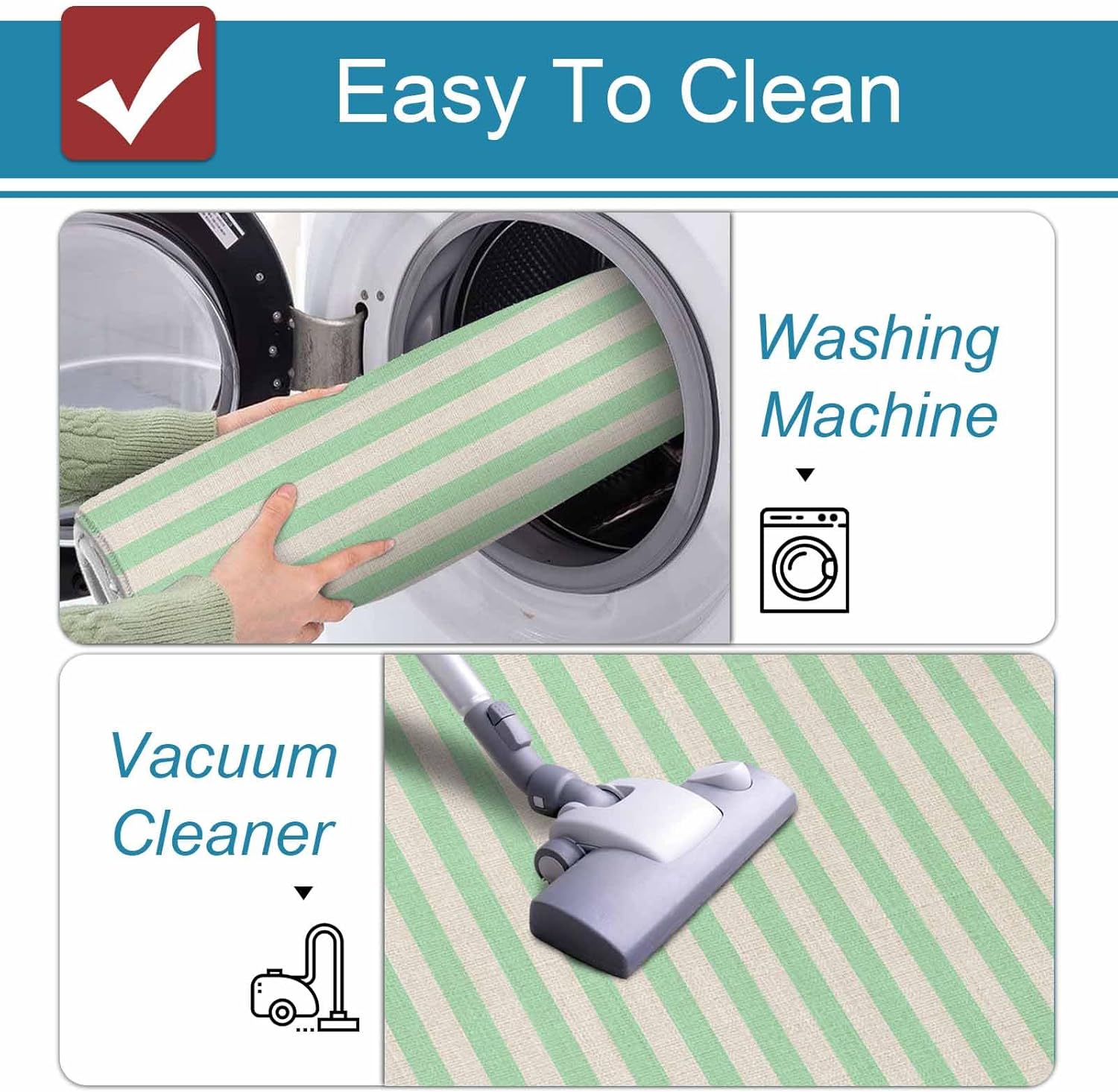 Prime Leader Simple White Striped Kitchen Mat Set 2 Pieces Green Stripes Vintage Linen Non Slip Kitchen Rugs Washable Runner Rug Mats for Sink Laundry (15.7" x 23.6"+15.7" x 47.2")