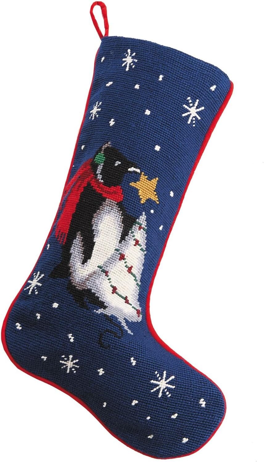 Penguin with White Tree on Blue Christmas Stocking, Wool & Velvet Needlepoint, 11 Inch X 18 Inch